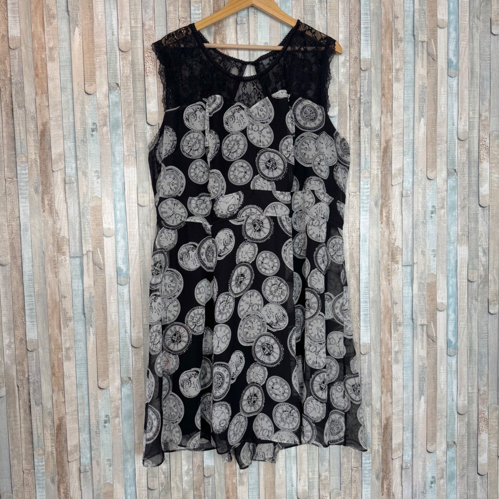 Tripp NYC Clock Print Lace Yoke Dress Black Gothic Retro Plus Size 4 4X Torrid